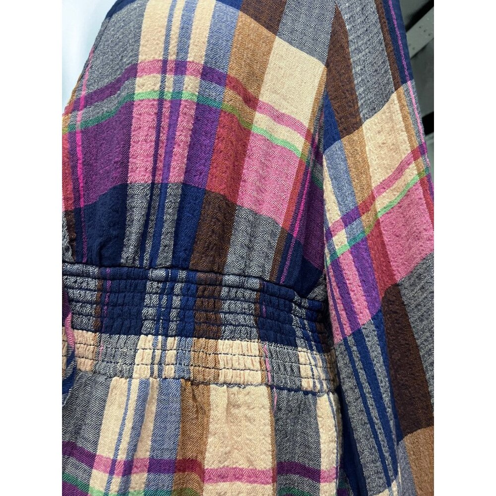 Anthropologie Pilcro The Rory Puff Sleeve Smocked V-Neck Plaid Boho Top Shirt XL - Picture 7 of 10